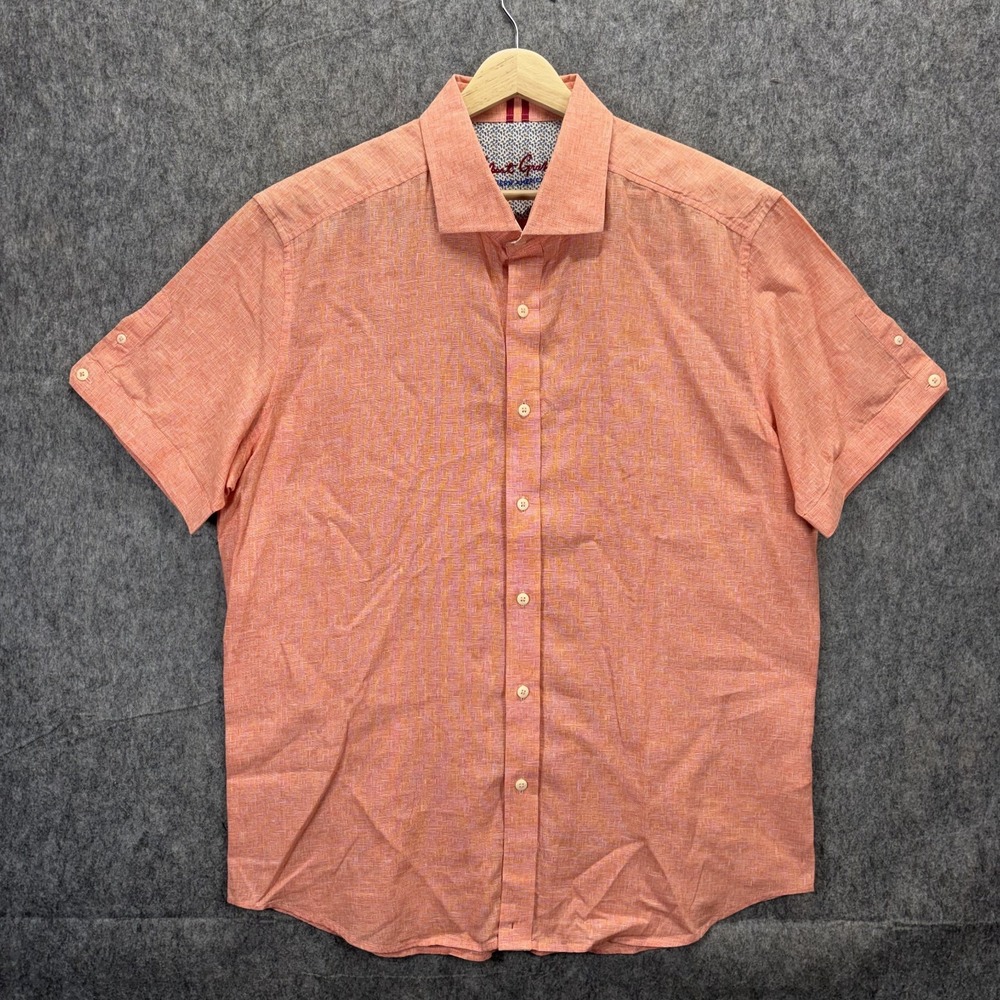 Robert Graham Short Sleeve Button Up Shirt Men's XL Linen Blend Peach Flip Cuff